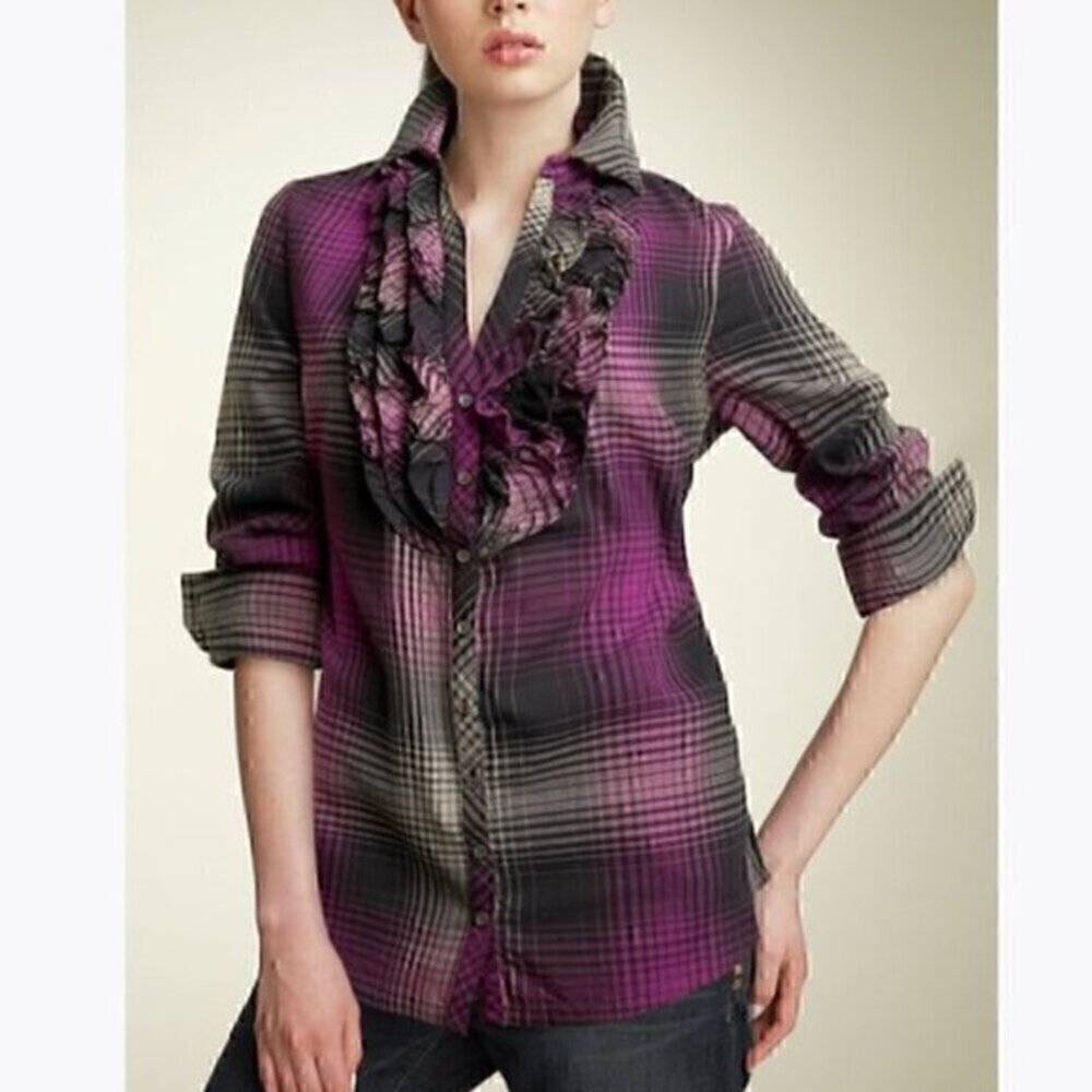 JOIE Fara Plaid Tuxedo Shirt Pink Black Taupe 3/4 Sleeve ish Flannel Button Down